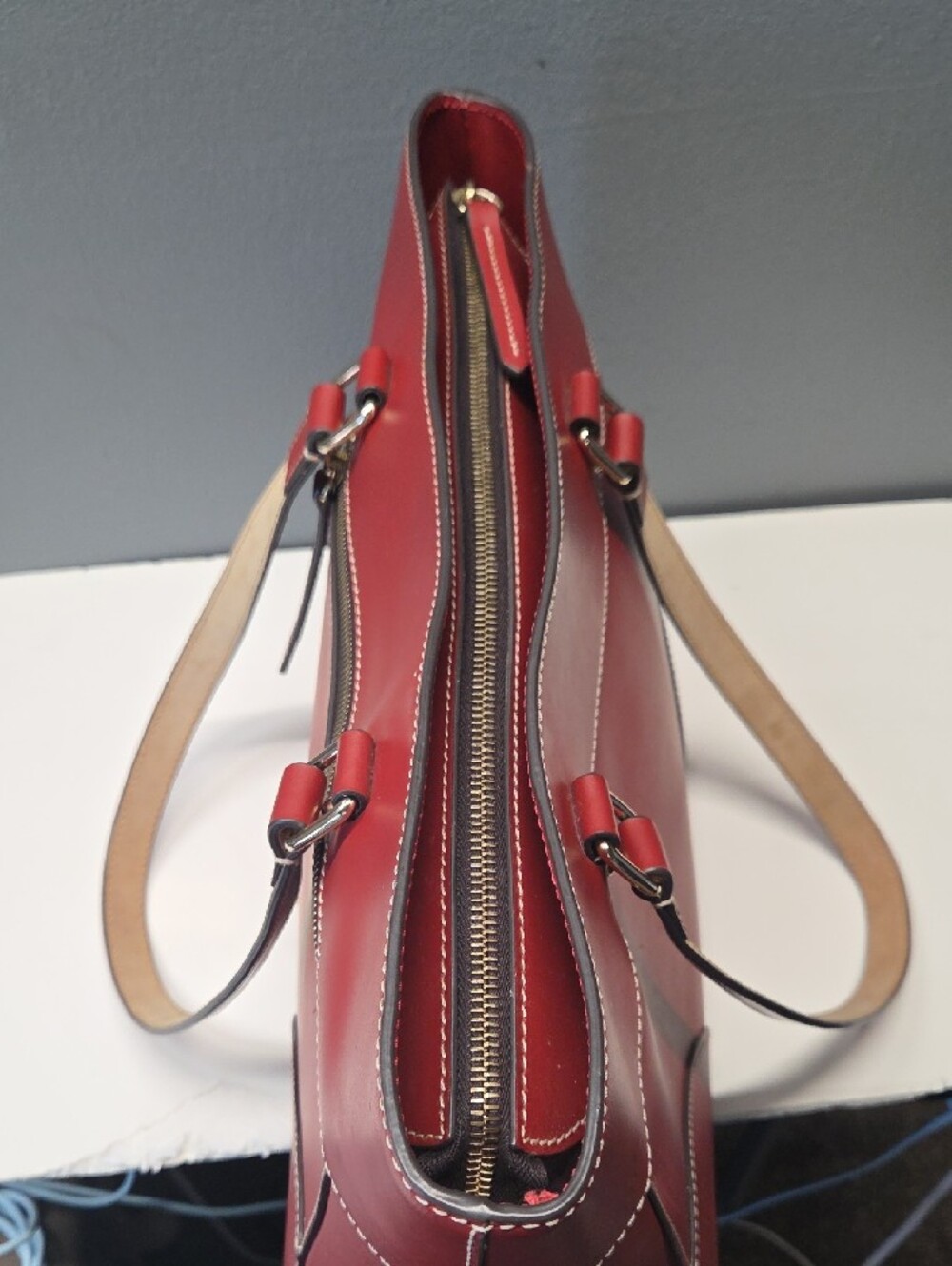 Dooney & Bourke Cherry Red Leather Tote with Front Zip - Picture 6 of 10
